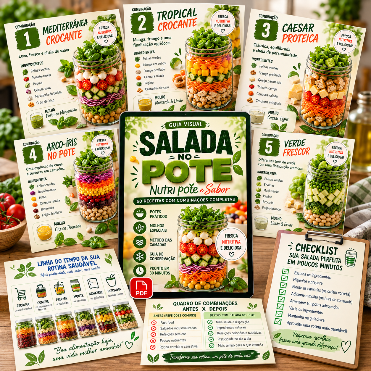 Mockup completo do Guia Visual Salada no Pote com receitas, combinações, checklist e organização da rotina