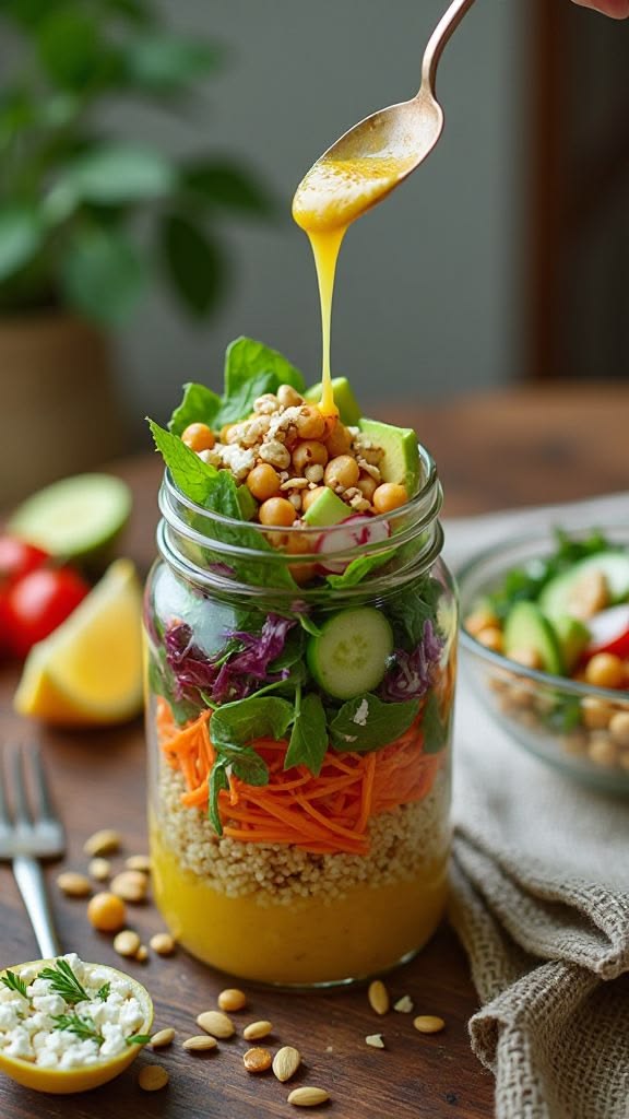 Molho dourado sendo servido sobre uma salada no pote